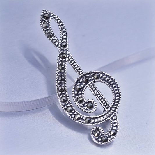 Vintage sterling silver handmade brooch, 925 music note pin with marcasite