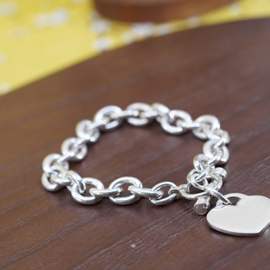 7.5", Sterling silver handmade bracelet, 925 bold oval chain w/ heart tag charm