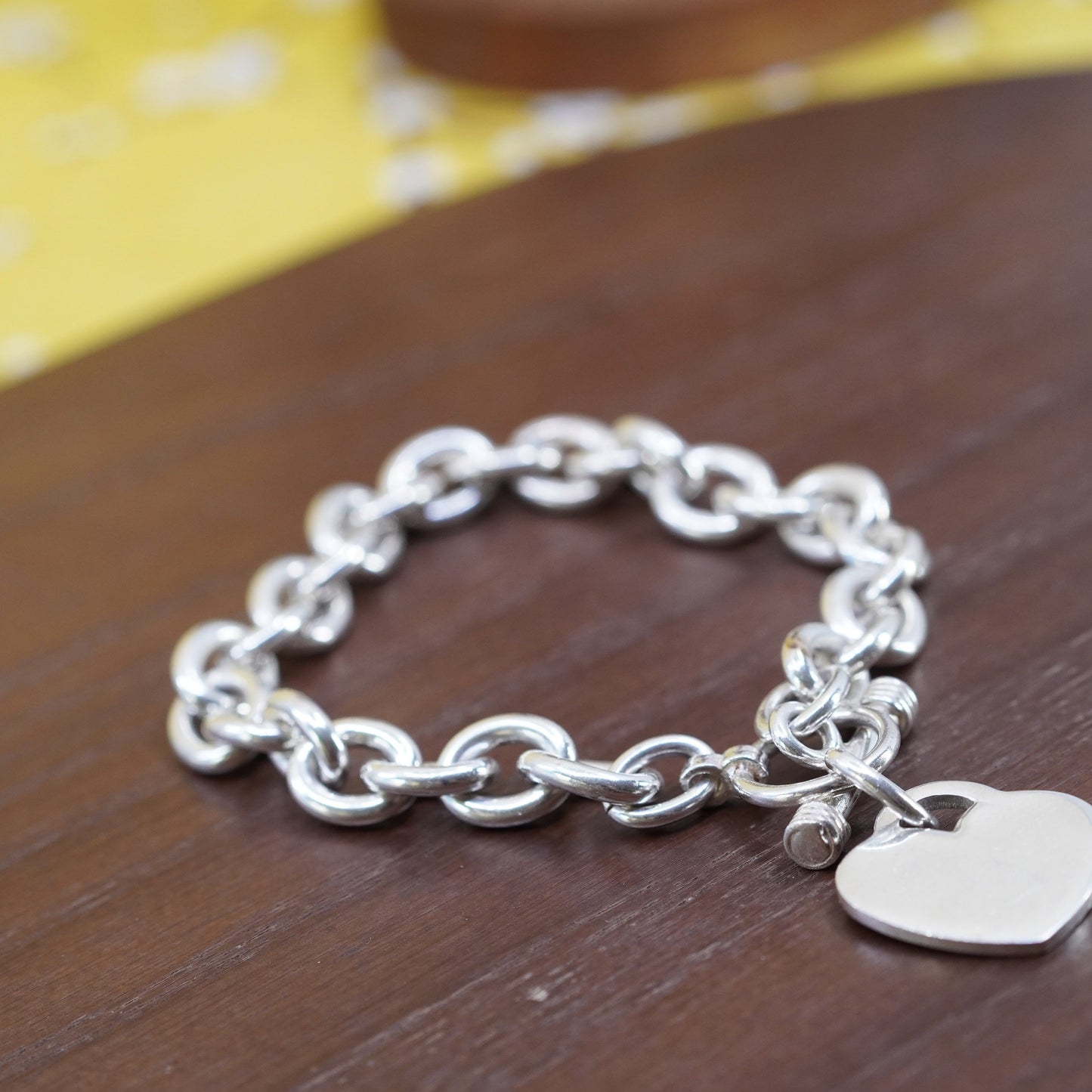 7.5", Sterling silver handmade bracelet, 925 bold oval chain w/ heart tag charm