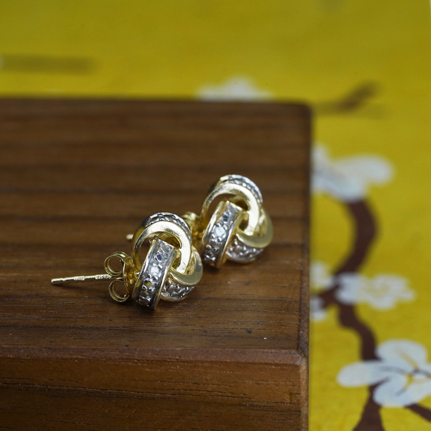 vtg vermeil gold over Sterling 925 silver entwined studs w/ diamond, earrings