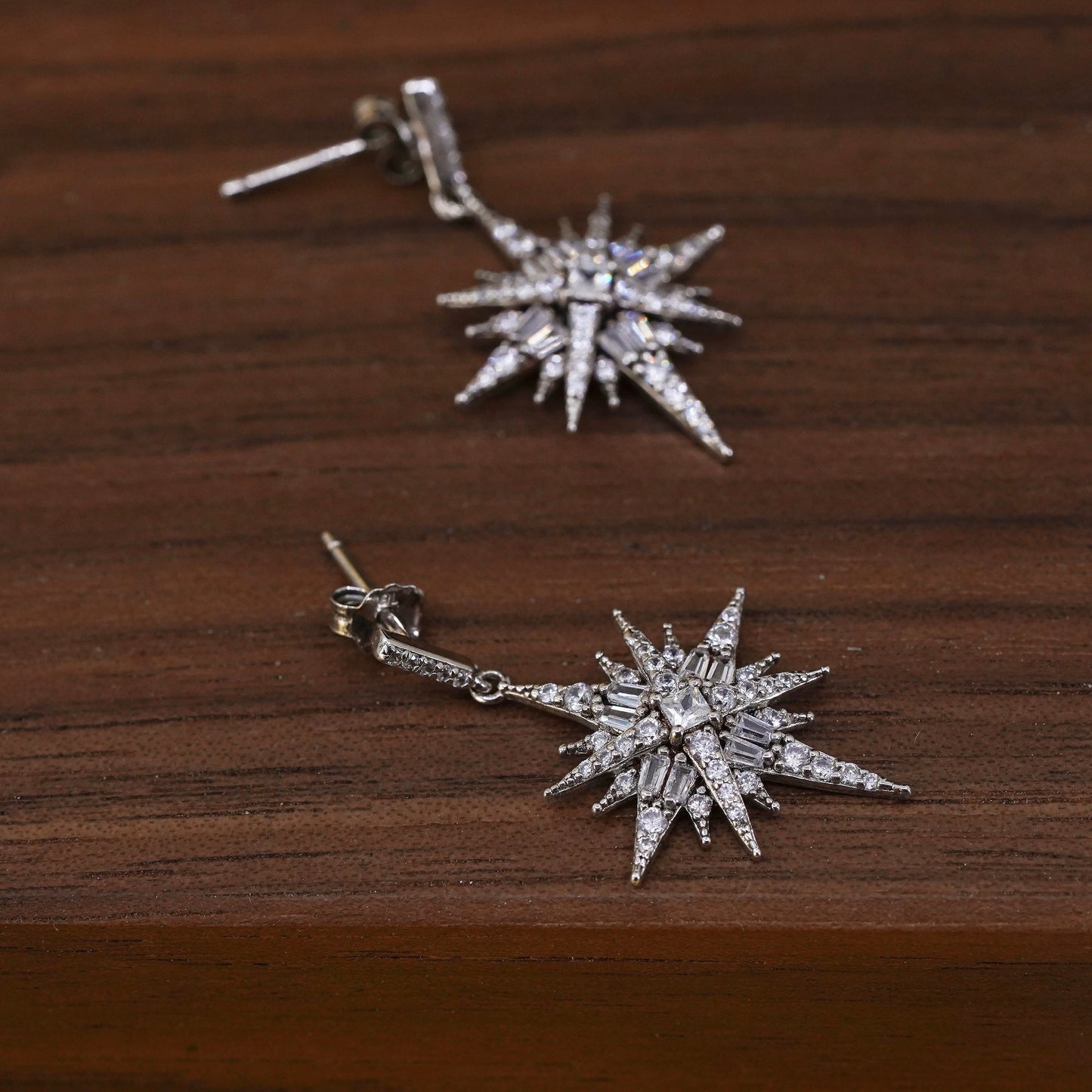 Vintage Sterling silver handmade earrings, 925 snowflake drops with cluster cz
