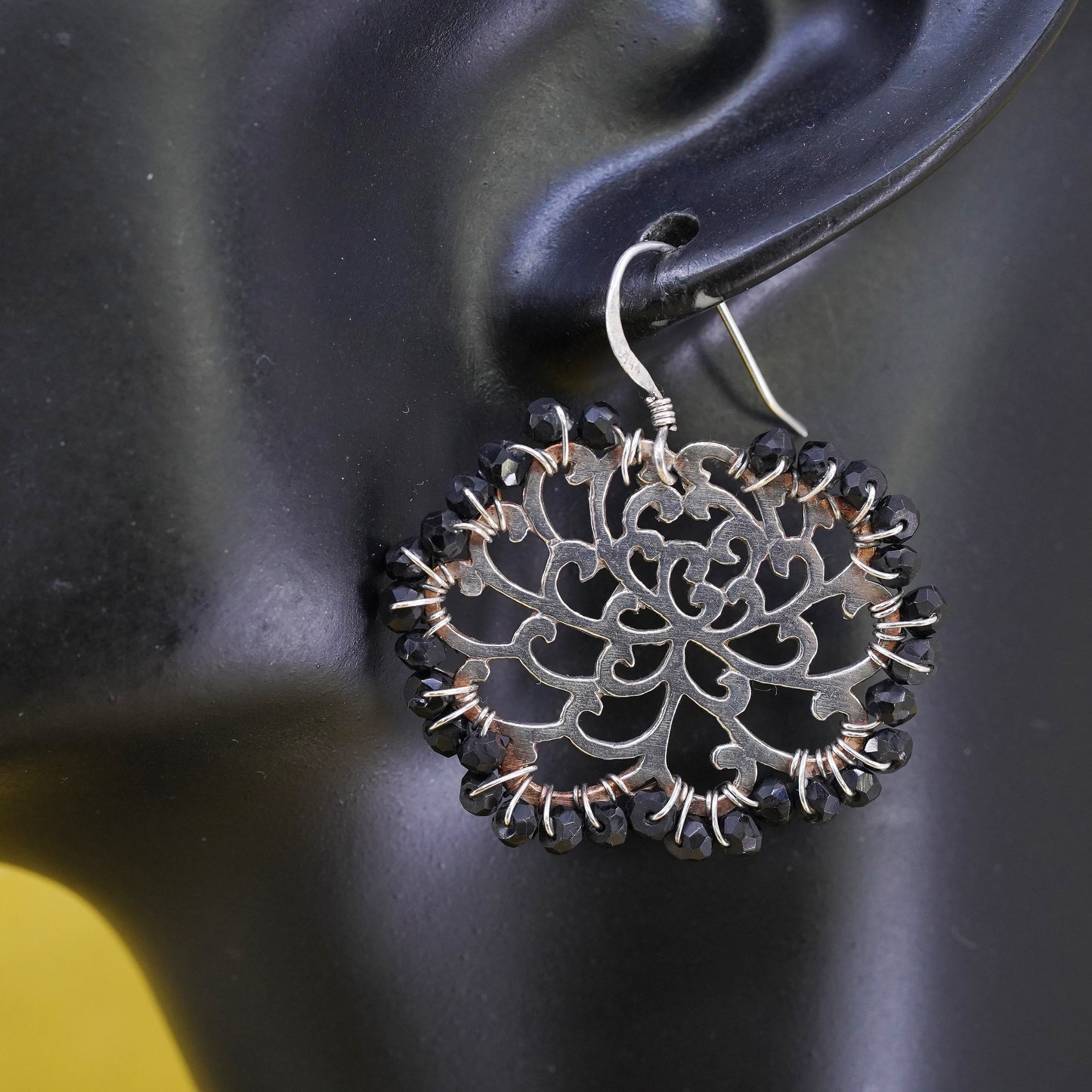 Vintage Sterling 925 silver handmade flower earrings with cluster obsidian