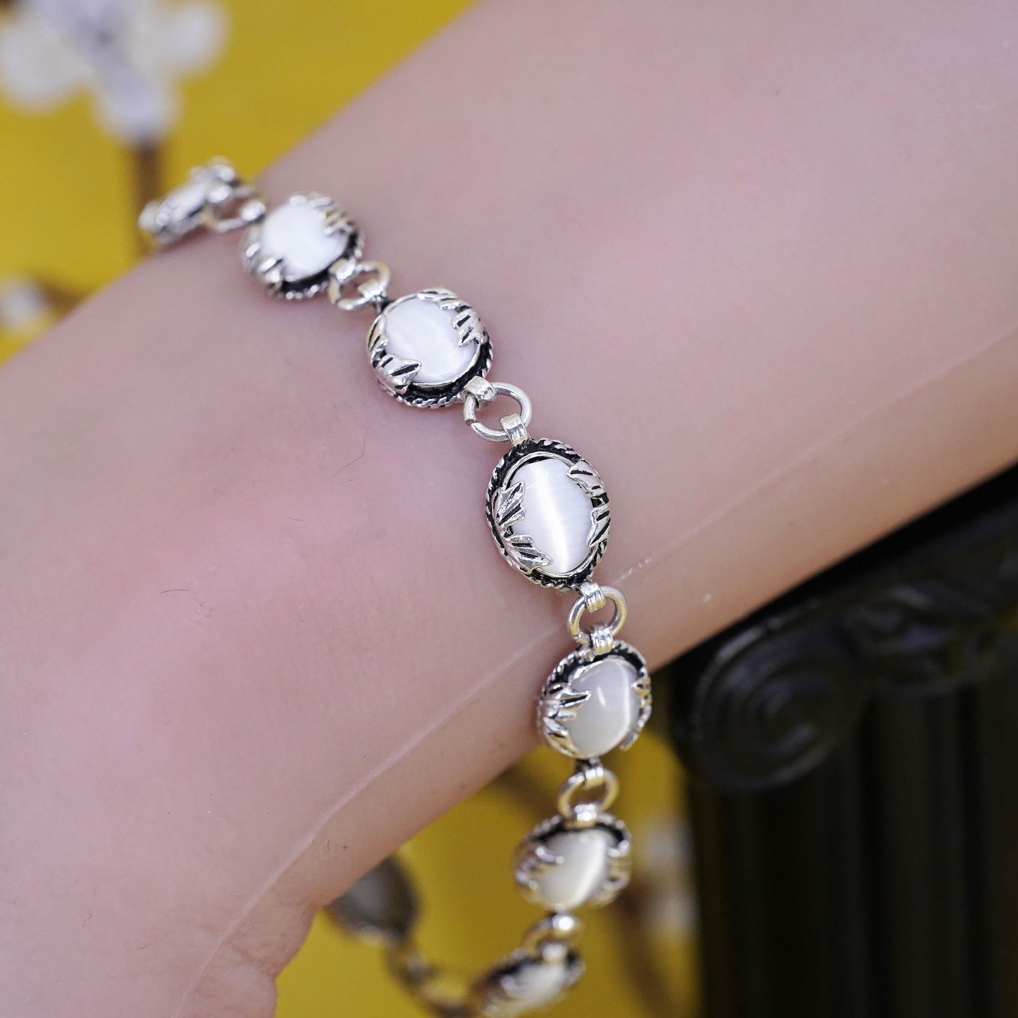 7.25”, vintage Sterling 925 silver beads bracelet with white cat eye beads