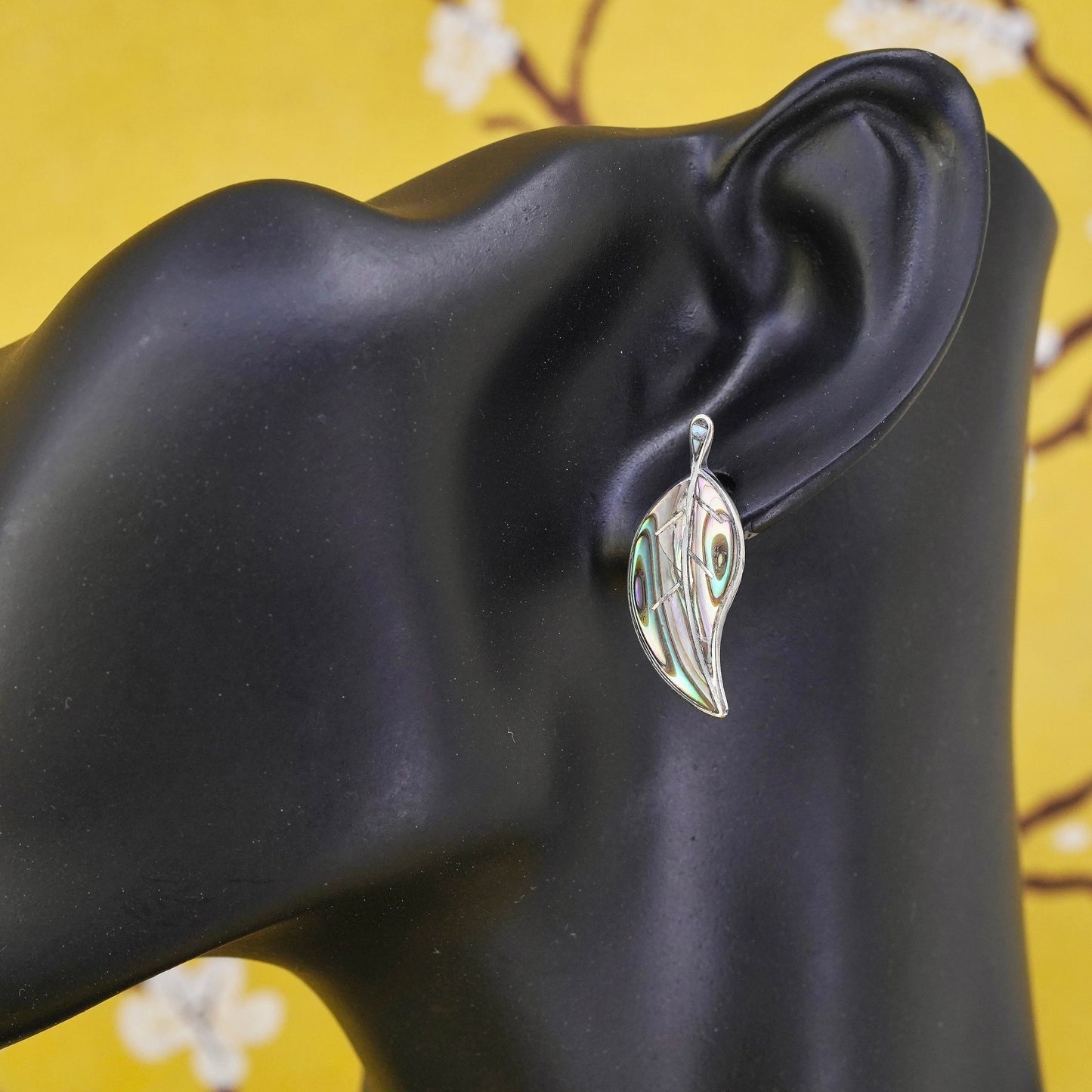 Vintage Mexican Sterling Silver handmade Earrings, 925 leaf studs with abalone