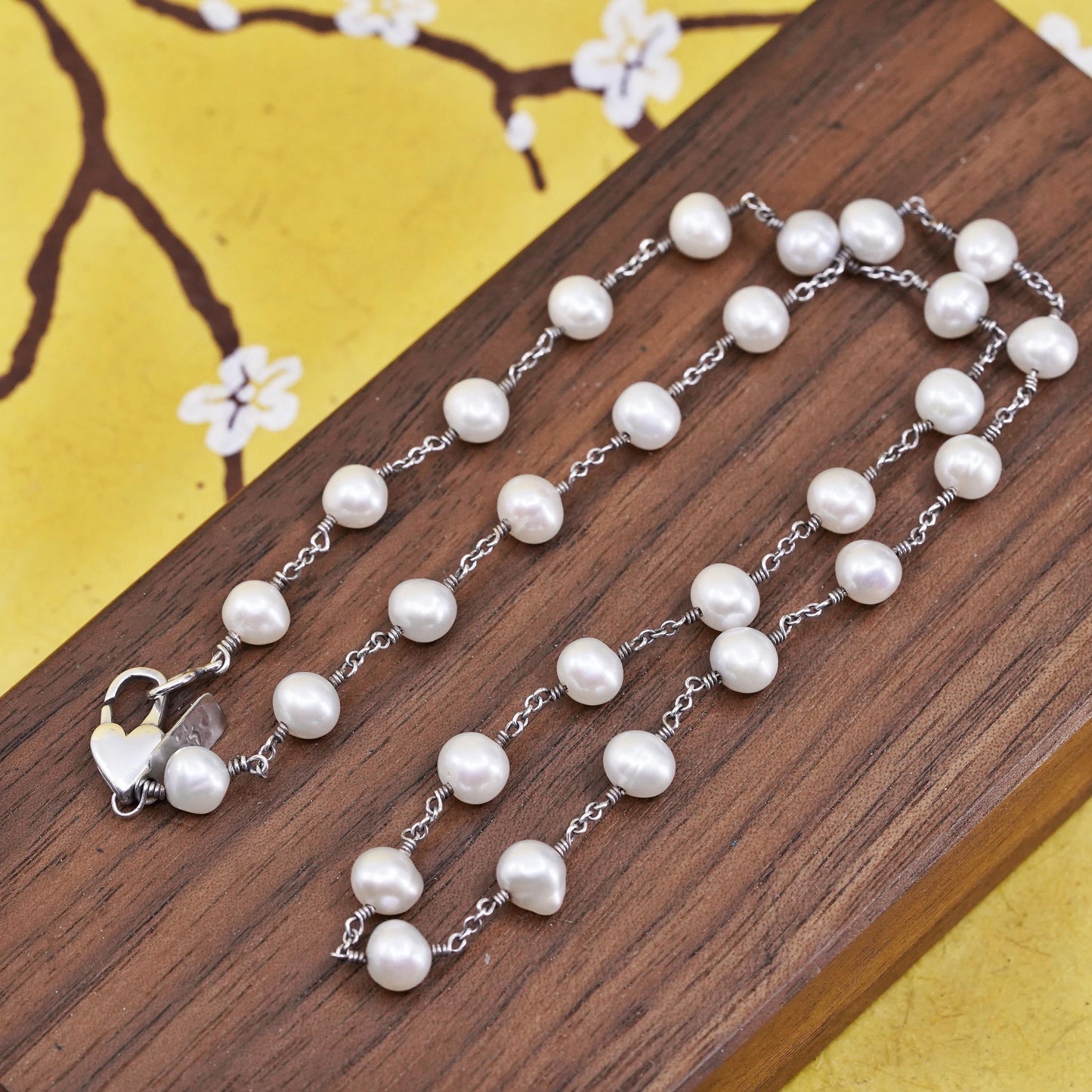 16", vintage Sterling 925 silver handmade necklace with 6mm pearls beads