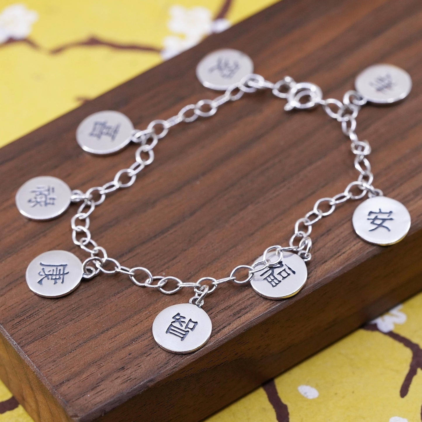 7.25” Sterling silver charm bracelet, 925 oval chain happiness wisdom good luck