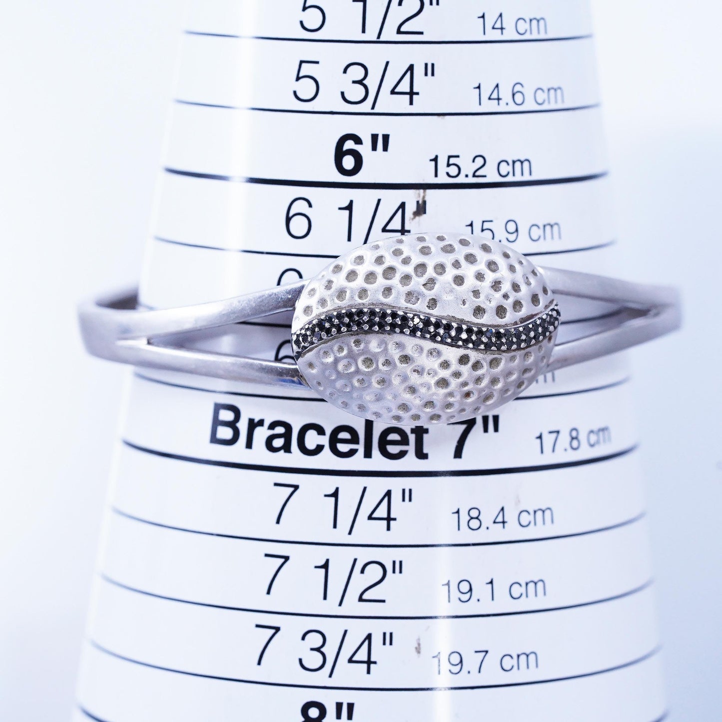 6.75" Vintage 925 Sterling Silver Black Diamonds Cuff Hammered Oval Open Bangle