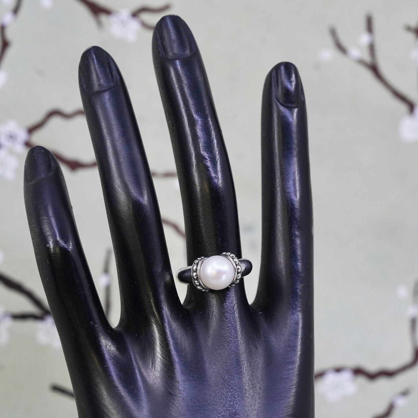 Size 7, Vintage sterling 925 silver handmade ring with pearl and beads