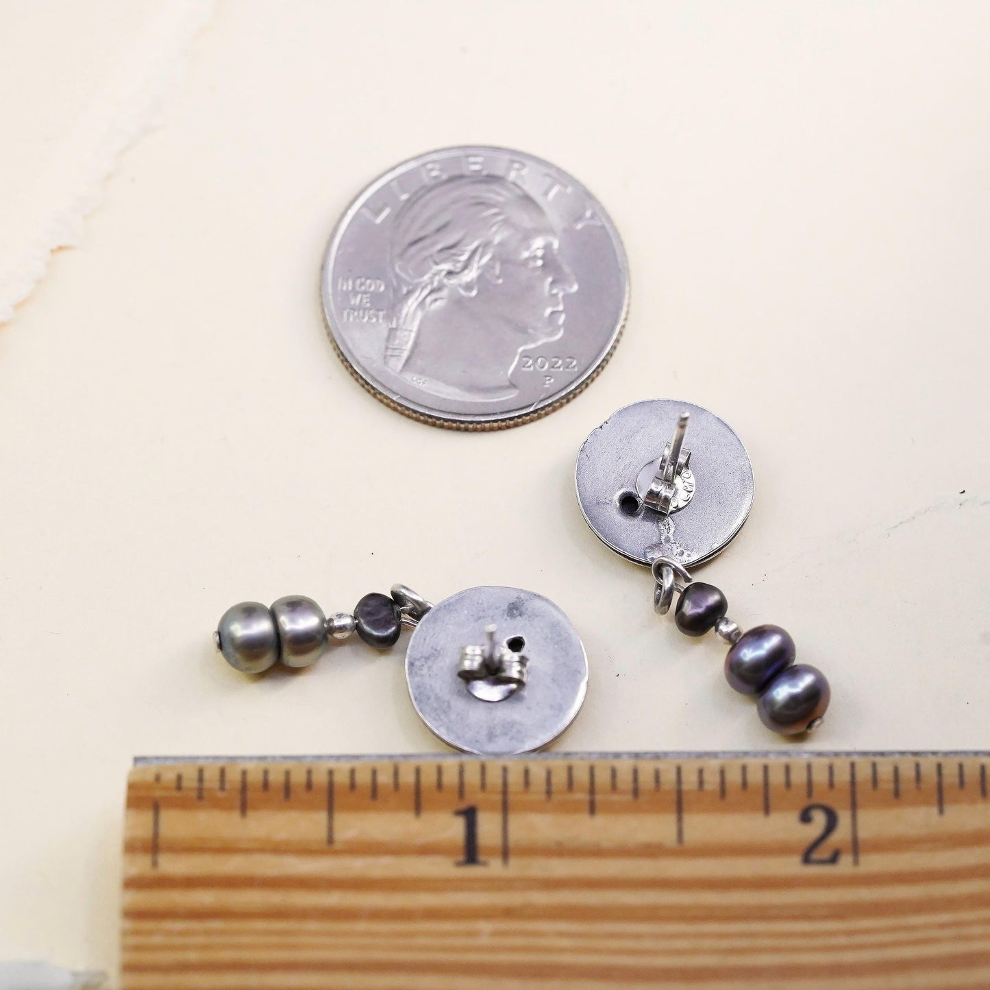Vintage 925 Sterling Silver Black Freshwater Pearl Earrings, Geometric Studs