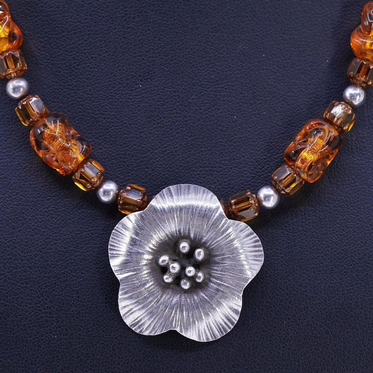 17", 925 Sterling 925 Silver Necklace with Amber beads and flower pendant