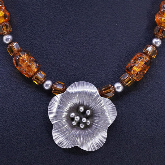17", 925 Sterling 925 Silver Necklace with Amber beads and flower pendant