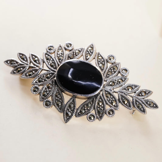 Vintage Sterling 925 silver handmade leafy long brooch onyx cluster marcasite
