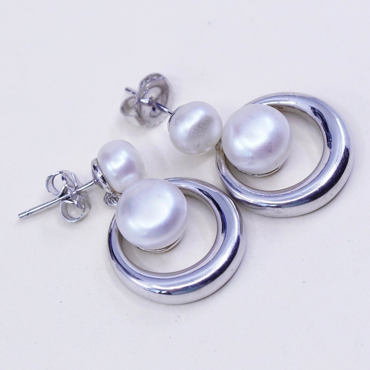 Vintage sterling silver handmade earrings, 925 circle dangles with pearl