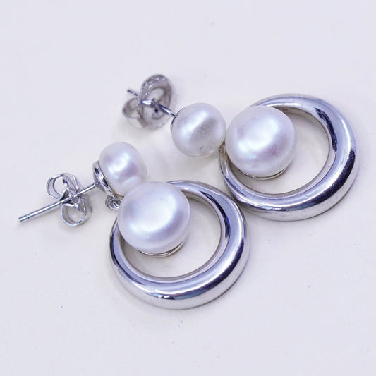 Vintage sterling silver handmade earrings, 925 circle dangles with pearl