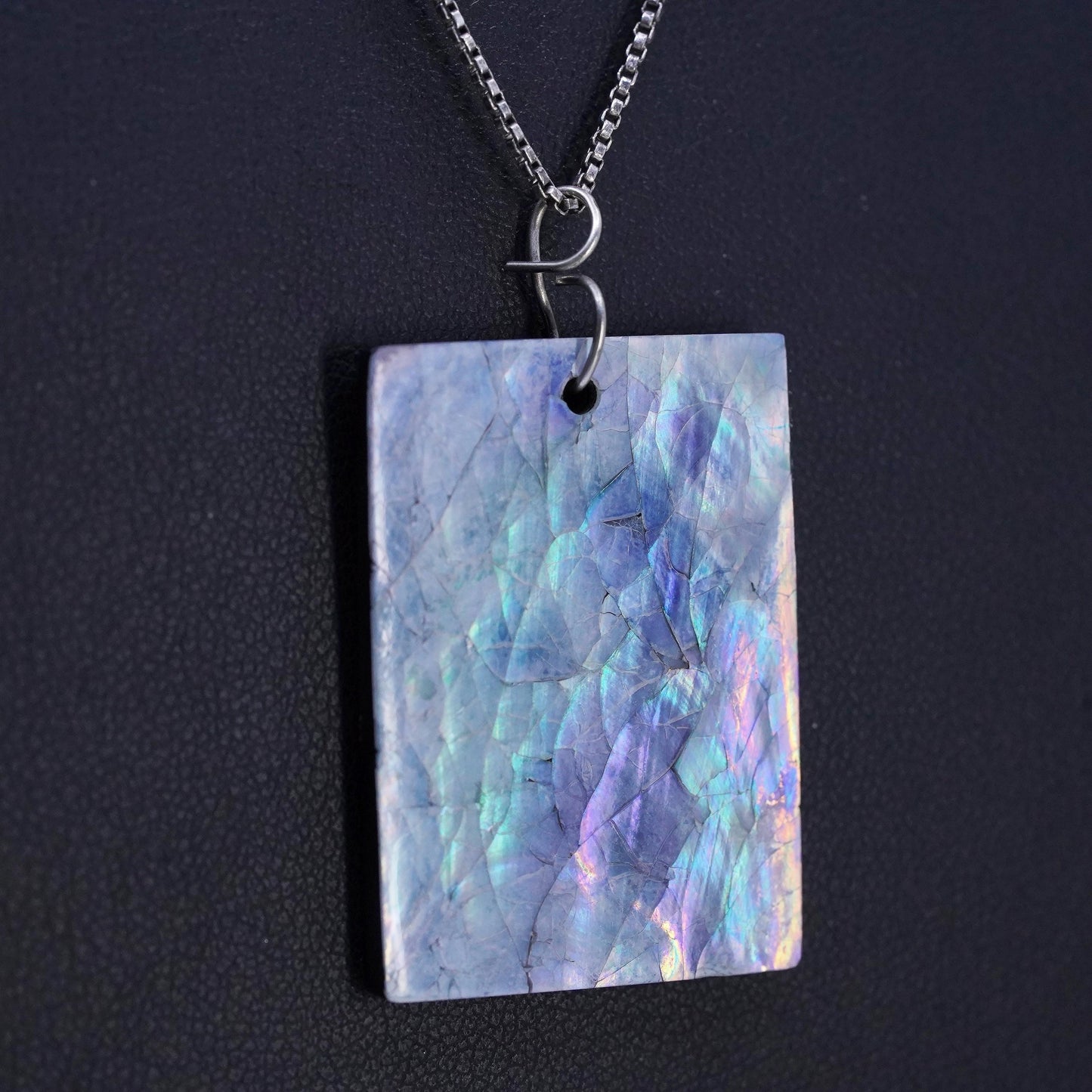 17" 1mm, vintage Sterling 925 silver box necklace with abalone shell pendant