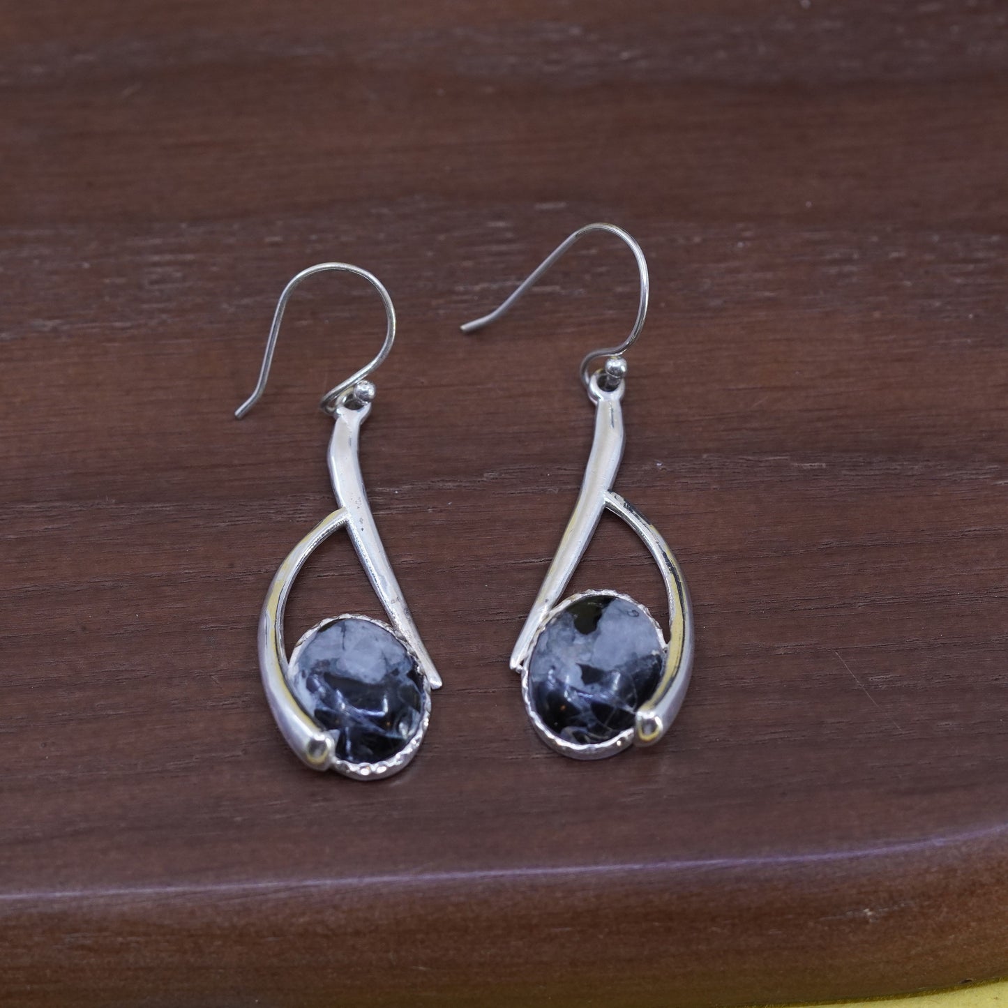 Vintage sterling silver 925 handmade earrings with larvikite inlay