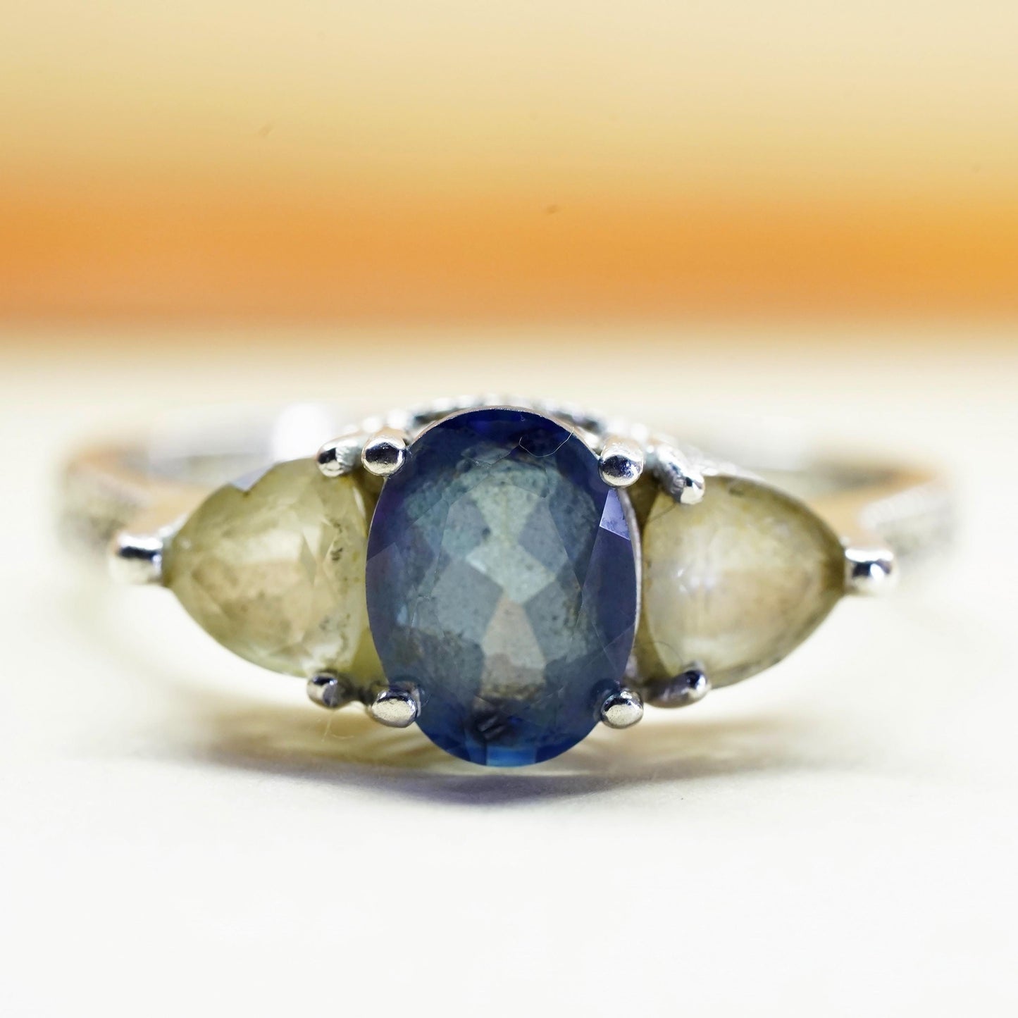 Size 8, vintage sterling 925 silver handmade ring with rainbow topaz and cz