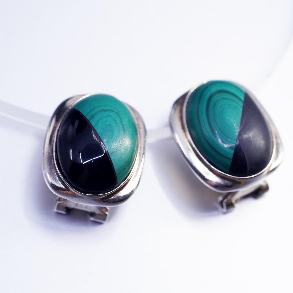 Vintage Sterling 925 silver handmade earrings, clip on w/ black onyx malachite
