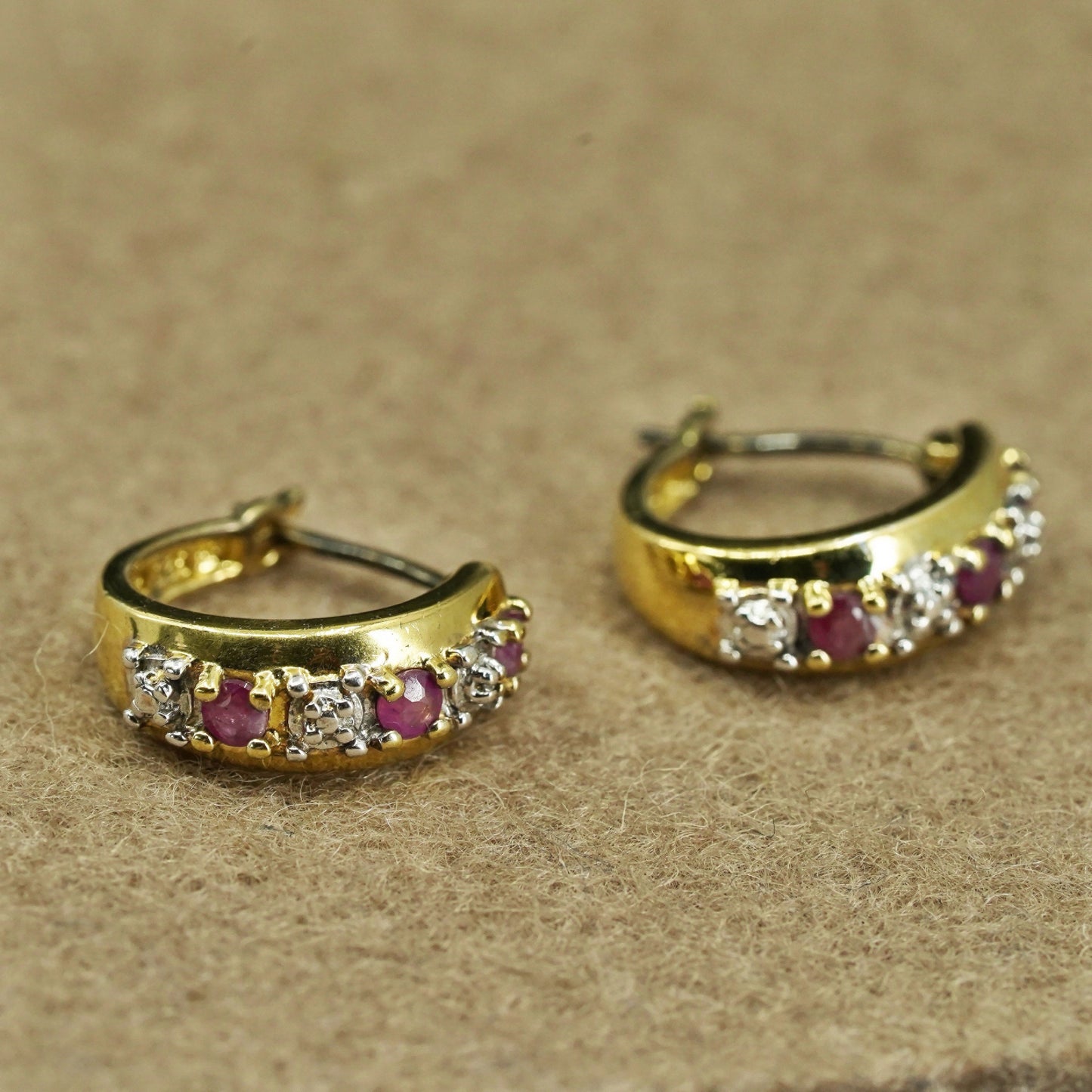 0.5”, vermeil gold over Sterling silver earrings, 925 huggie hoops ruby diamond