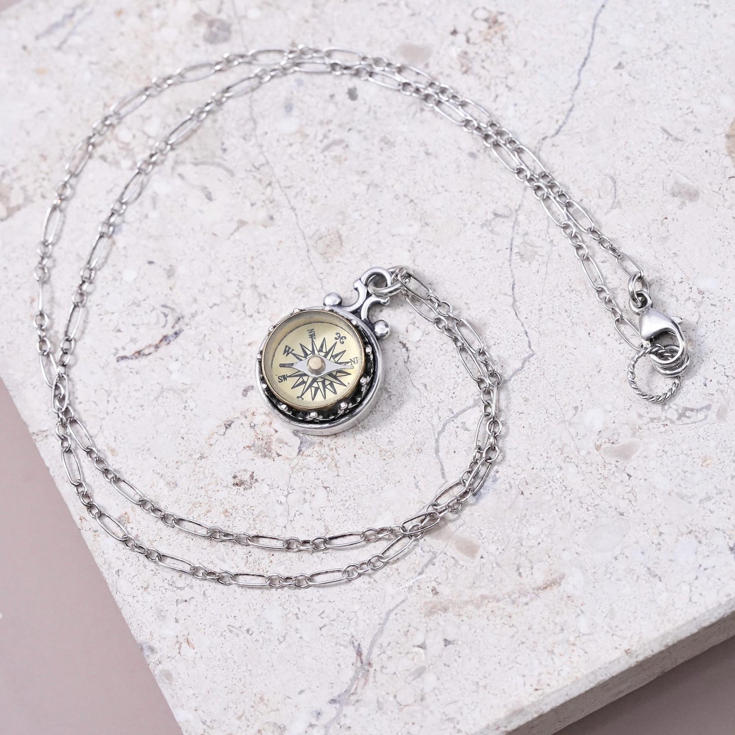 16”, vintage Sterling silver necklace, 925 figaro chain with compass pendant