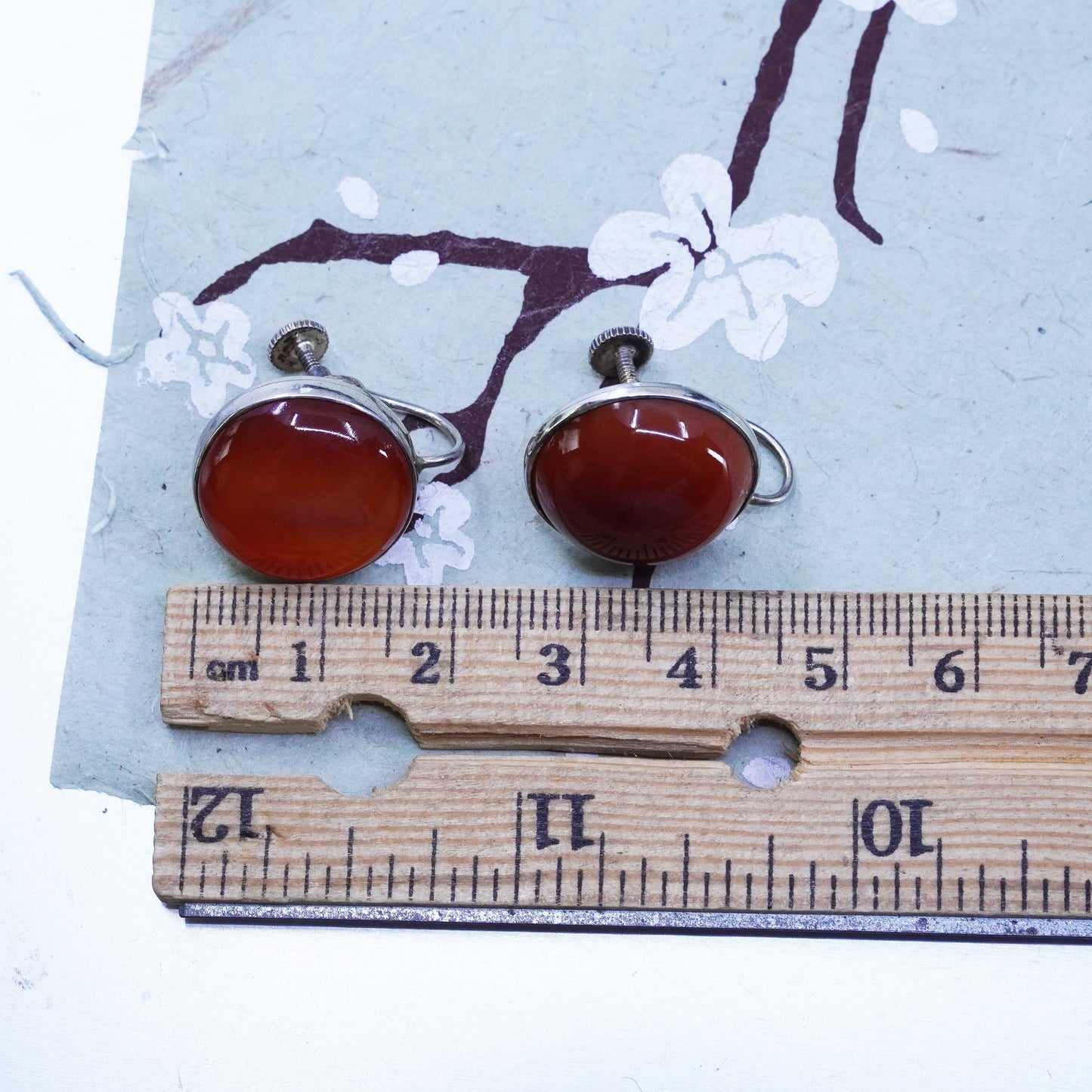Vintage sterling 925 silver handmade screw back earrings with carnelian