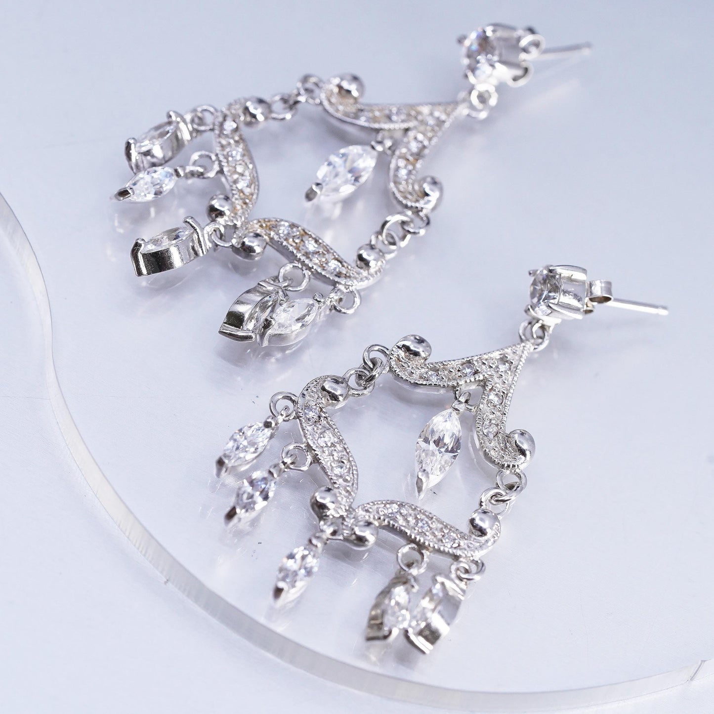 Vintage Sterling Silver CZ Chandelier Earrings, Dangles, Bridal Wedding Jewelry