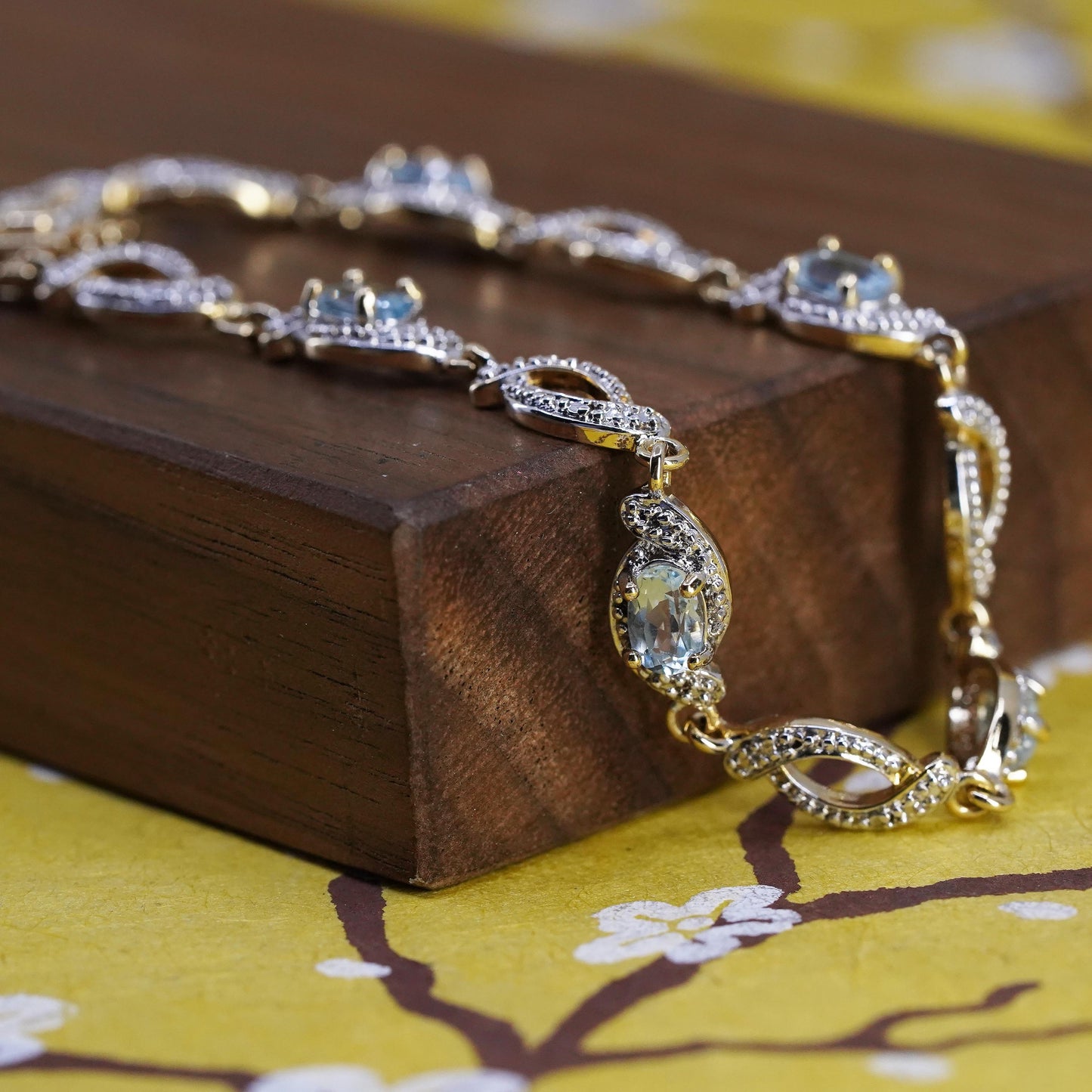 7”, vermeil gold over Sterling silver tennis bracelet, 925 chain topaz diamond