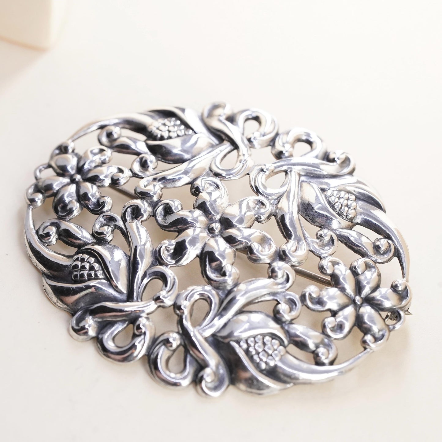 Scandinavian Sterling Silver Floral Brooch, Openwork Flower Pin, Danish Modern
