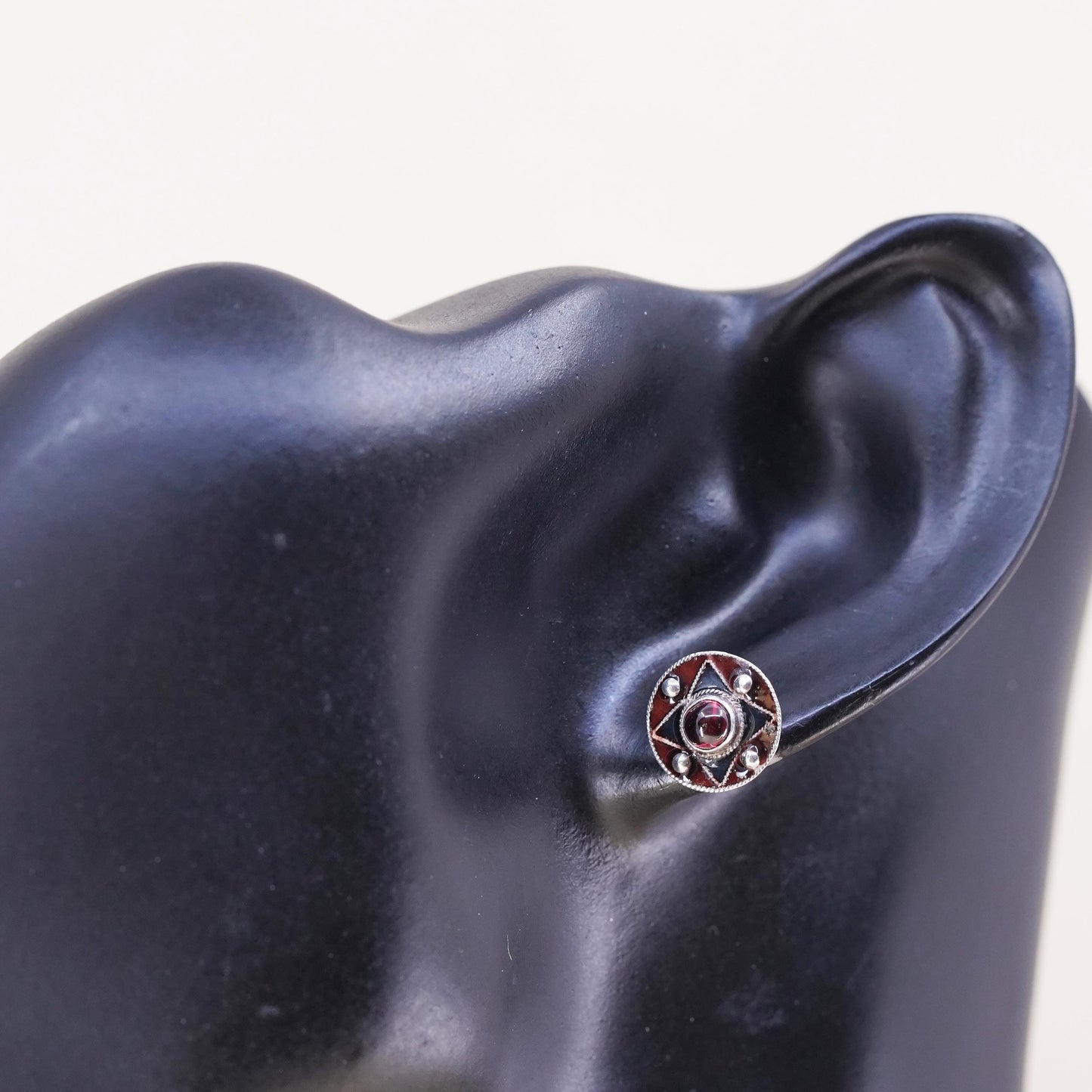 Vintage handmade single earring. Sterling 925 silver stud with garnet