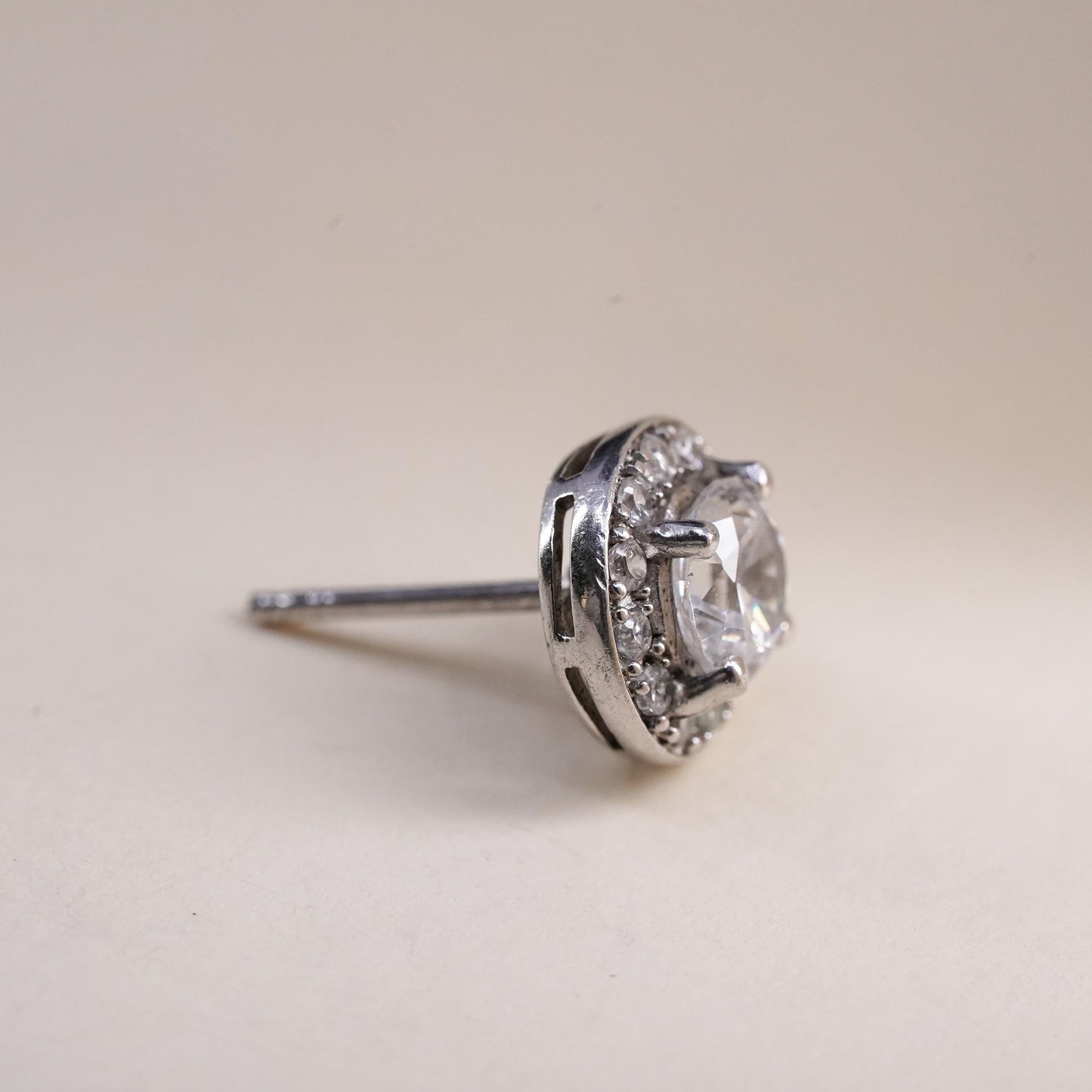 Vintage handmade single earring. Sterling 925 silver cz circle stud