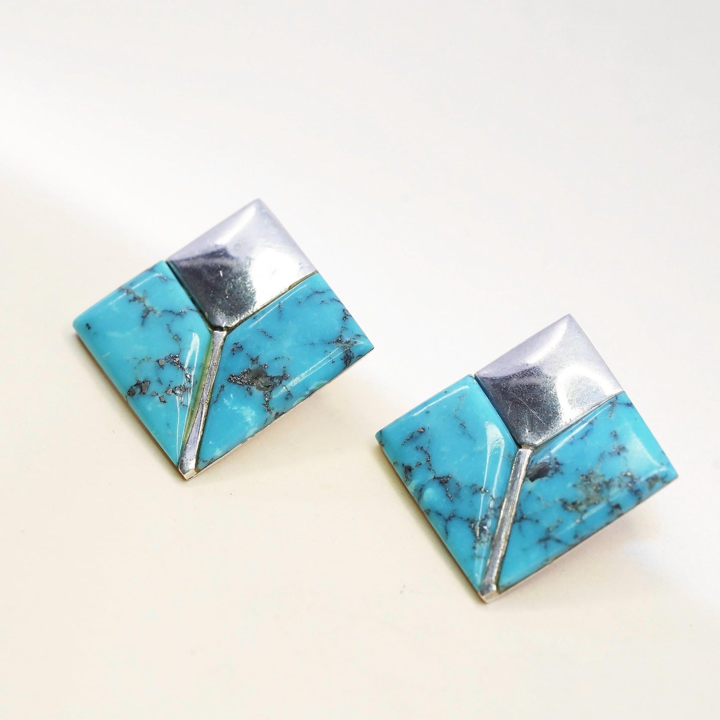 Native American Geometric Sterling silver earrings, 925 square studs turquoise