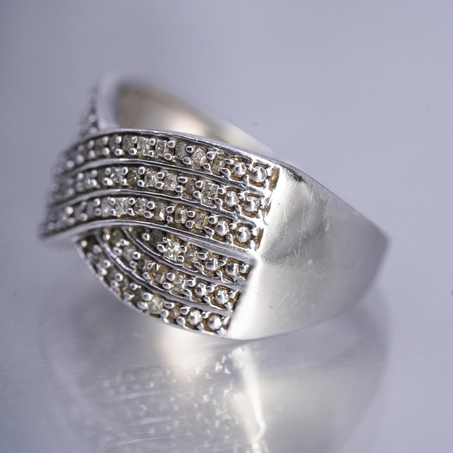 Size 8.25, vintage Sterling 925 silver band ring with cluster genuine diamonds