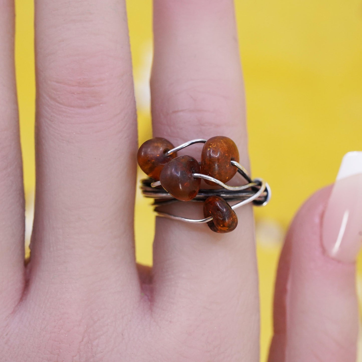 Size 5.75, vintage Sterling 925 silver handmade wired ring with amber beads