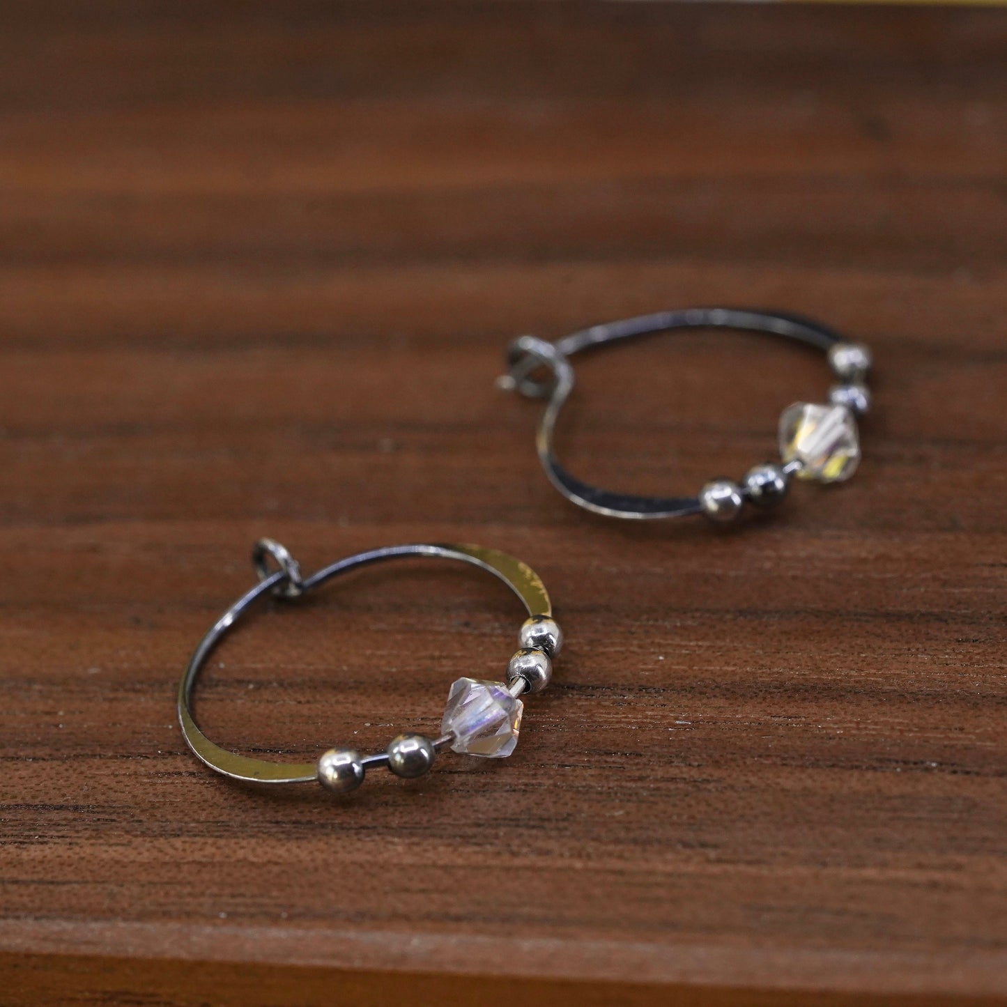 0.75", vintage Sterling silver handmade earrings, 925 hoops, huggie w/ crystal