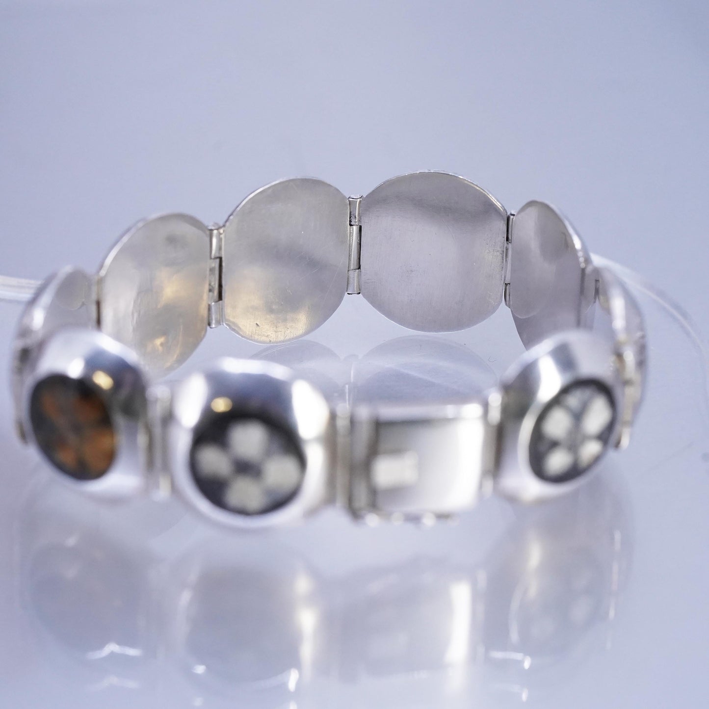 6.5”, VTG southwestern Sterling 950 Silver Chrysanthemum Stone Panel Bracelet