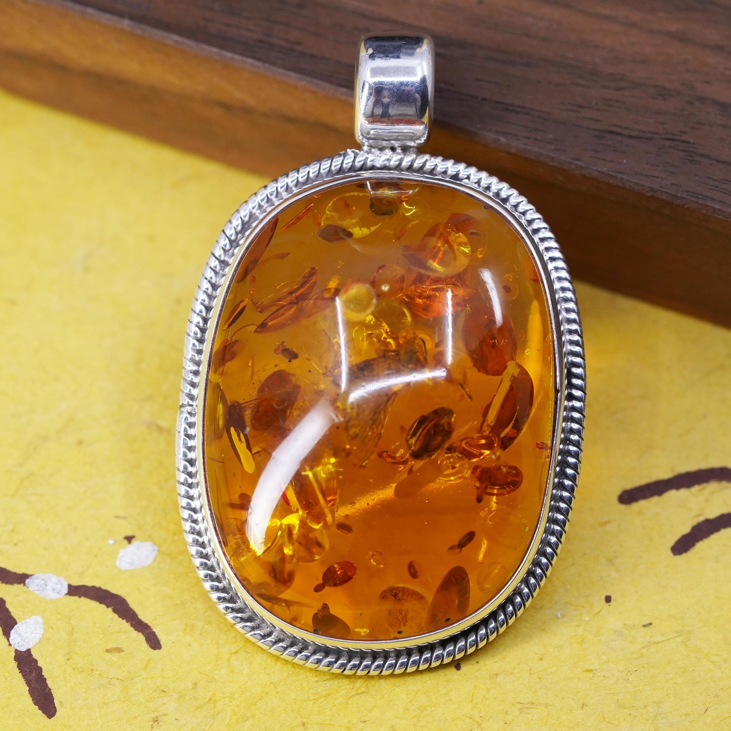 Vintage modern Sterling 925 silver handmade huge pendant with amber pendant