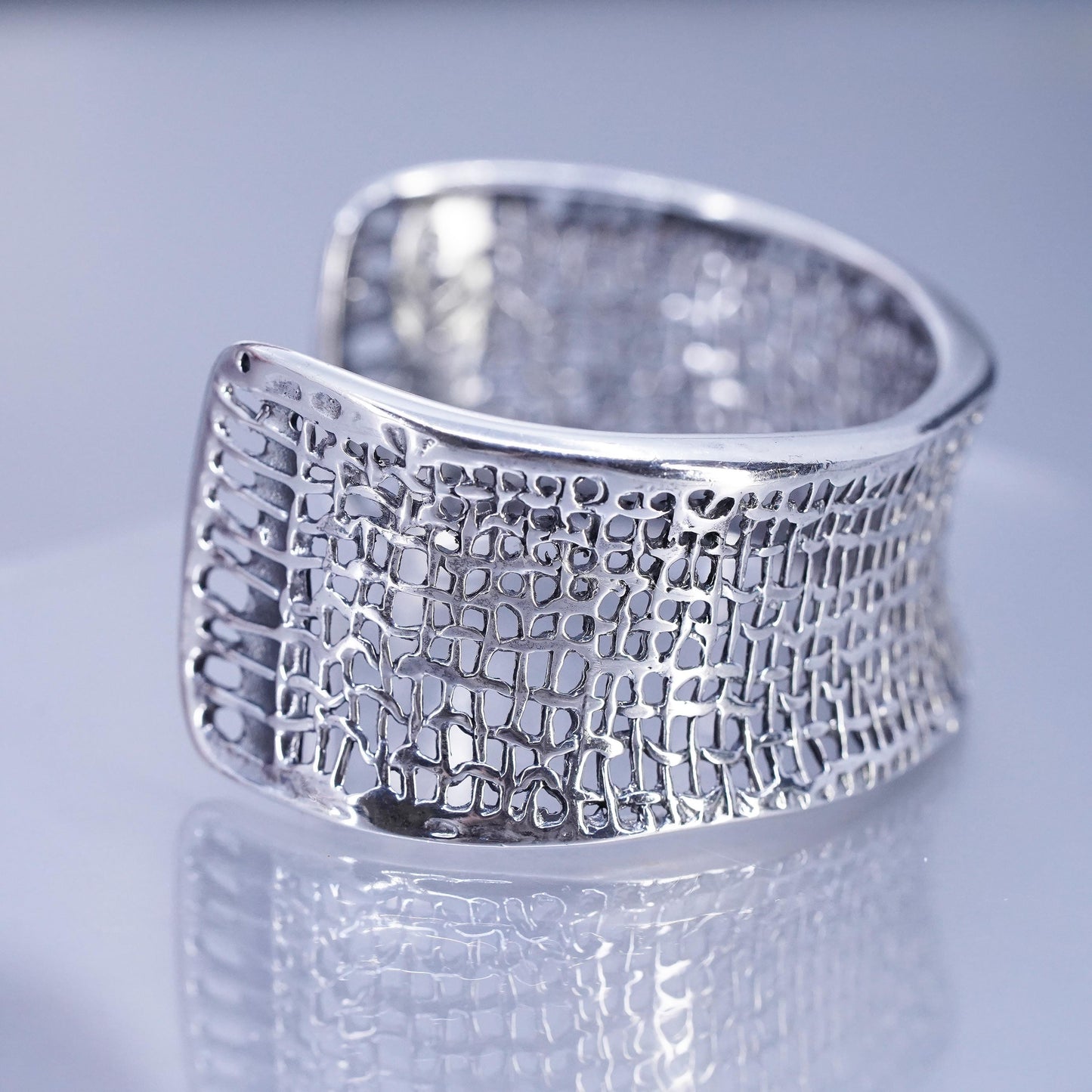 6.5”, Silpada 925 Sterling Silver Woven Mesh Open Cuff Bracelet Vintage