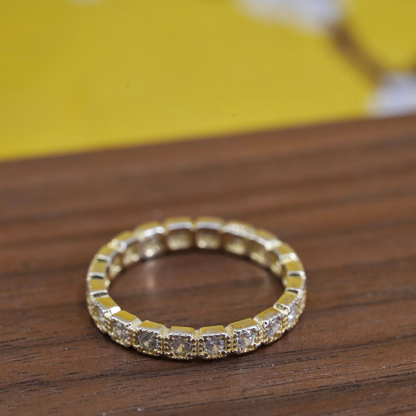 Size 7, VTG vermeil gold over Sterling silver ring, 925 stackable band with cz