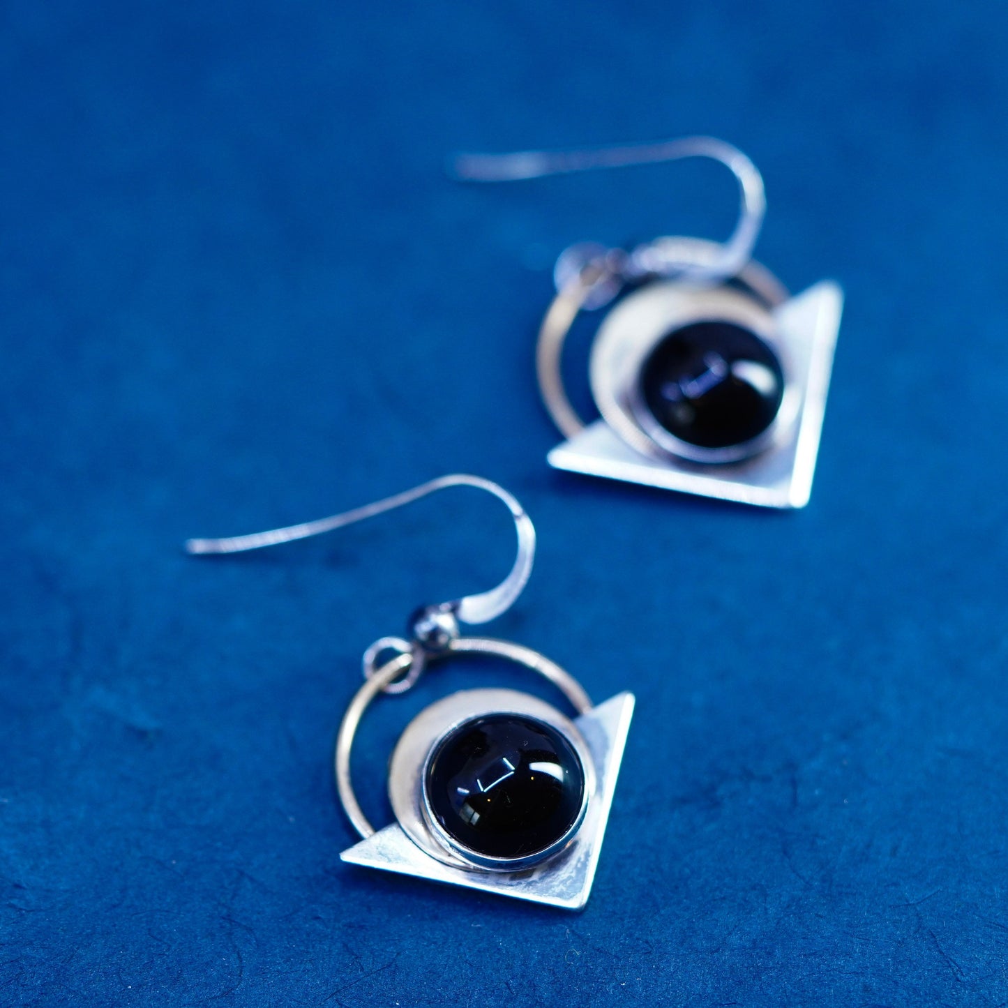 PJP gold filled sterling silver drop earrings, modern 925 disc with black onyx