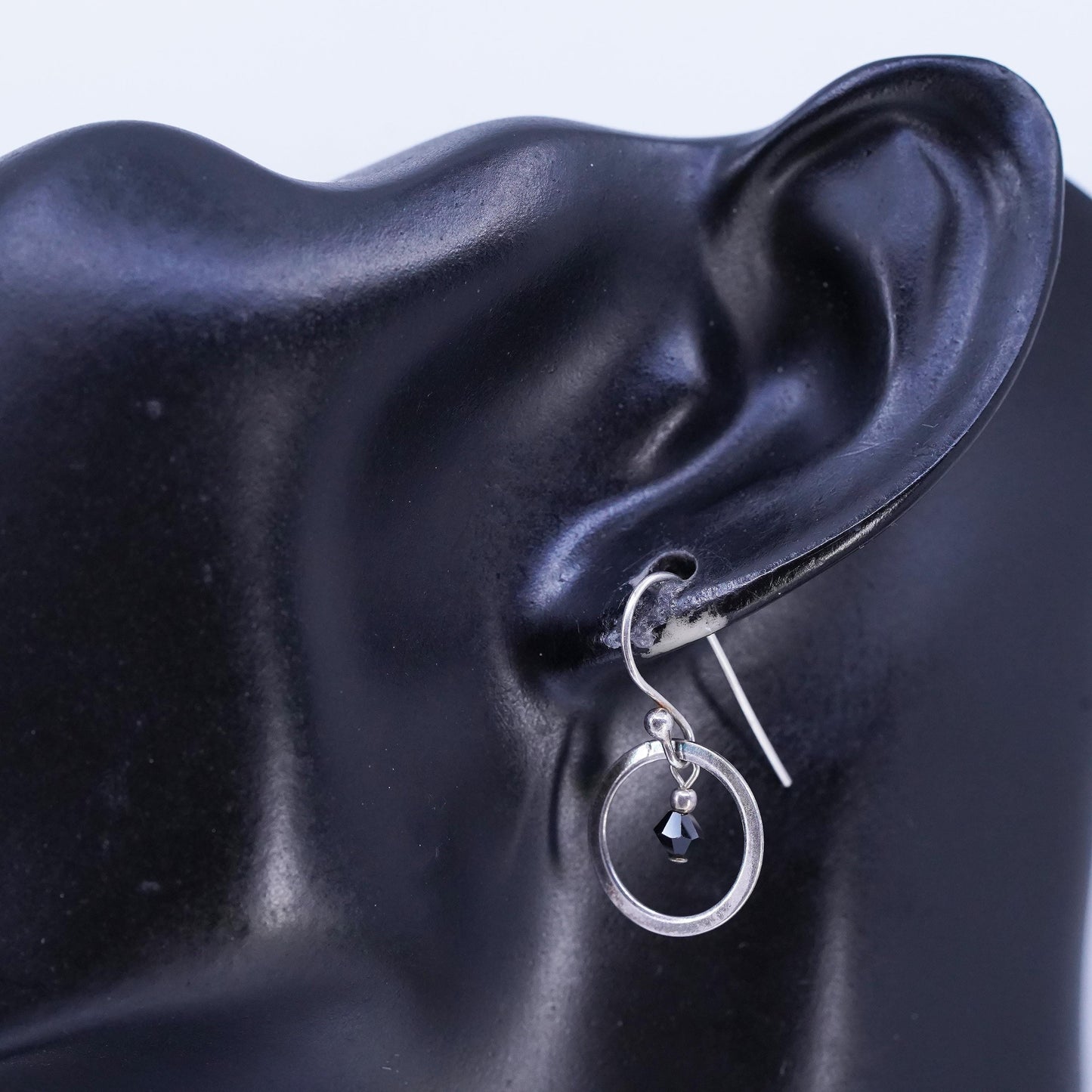 Vintage Sterling silver Handmade earrings, 925 circle with onyx bead dangles