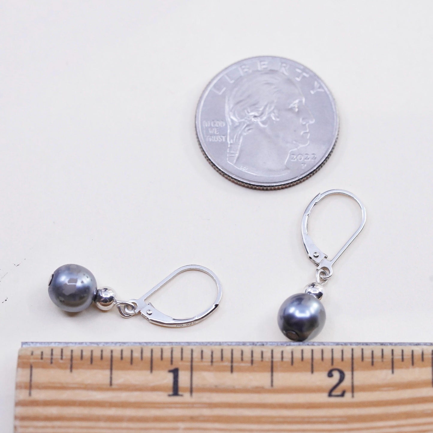Vintage Sterling 925 silver handmade earrings with gray faux pearls