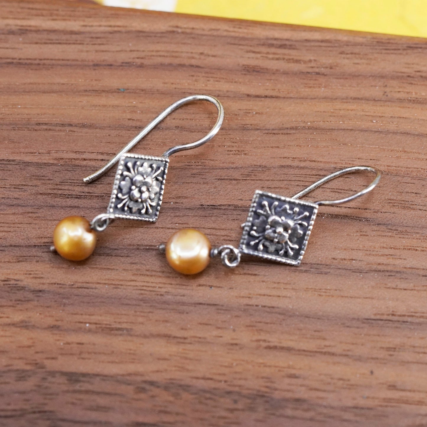 Vintage sterling silver handmade earrings, 925 square flower drops with pearl