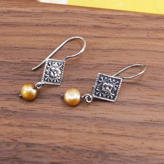 Vintage sterling silver handmade earrings, 925 square flower drops with pearl