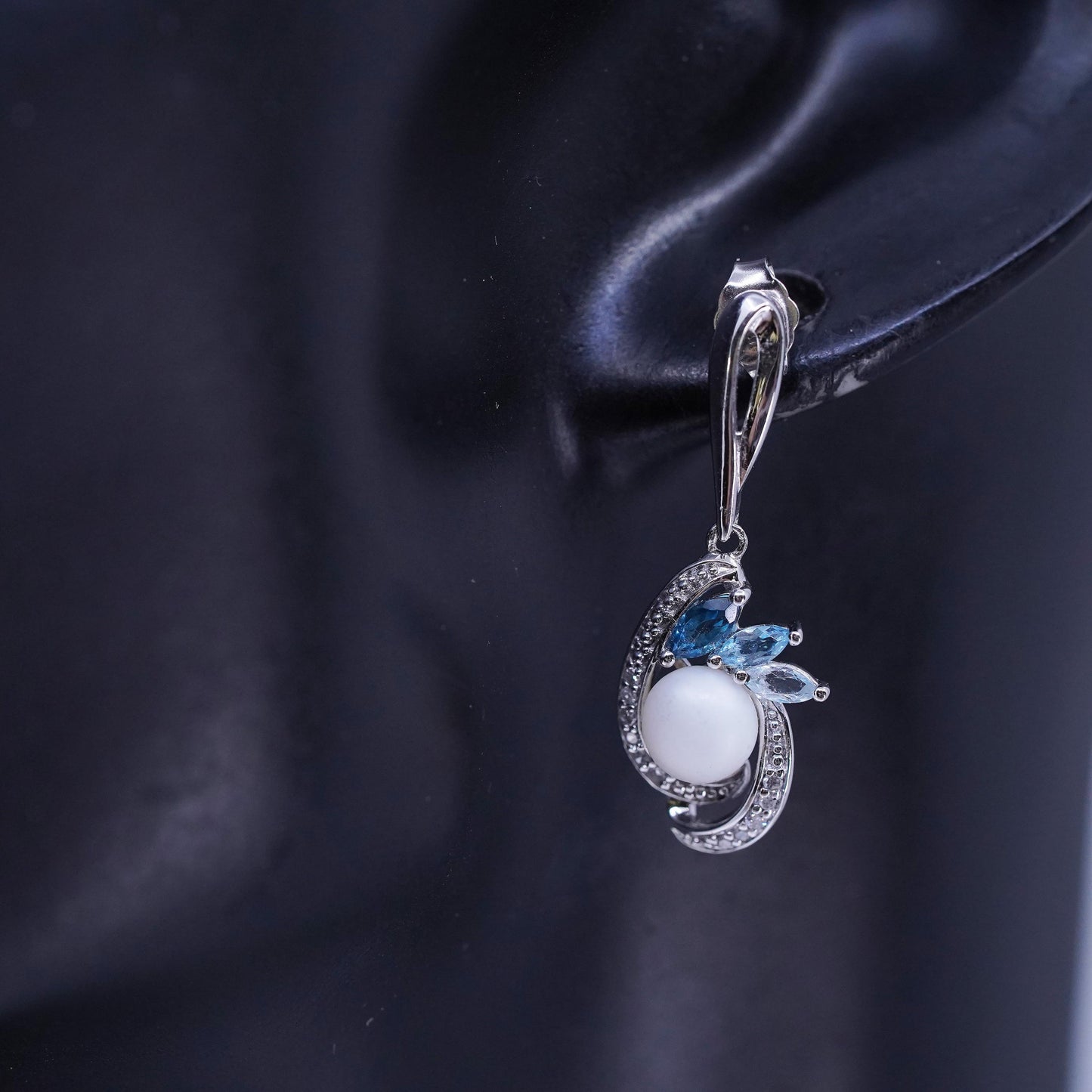 Vintage Sterling 925 silver handmade earrings with pearl topaz and diamonds