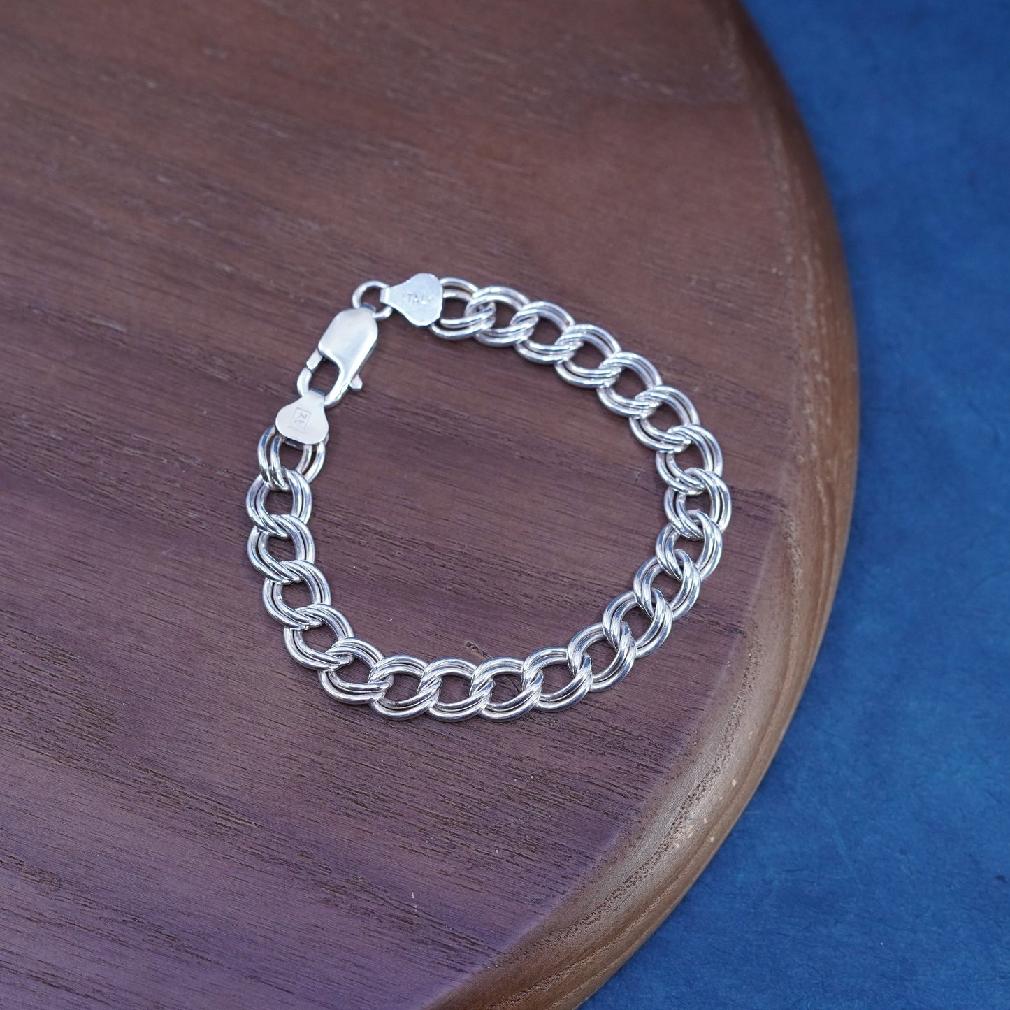 6.5”, VTG Sterling silver handmade charm bracelet, 925 double curb link chain