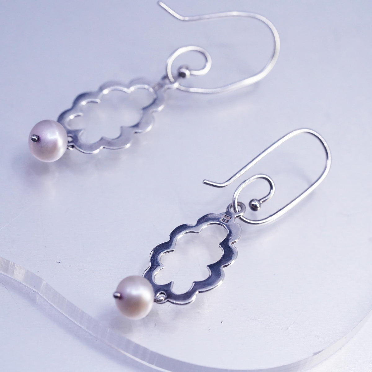 Vintage Sterling 925 silver handmade sprial earrings with pearl beads