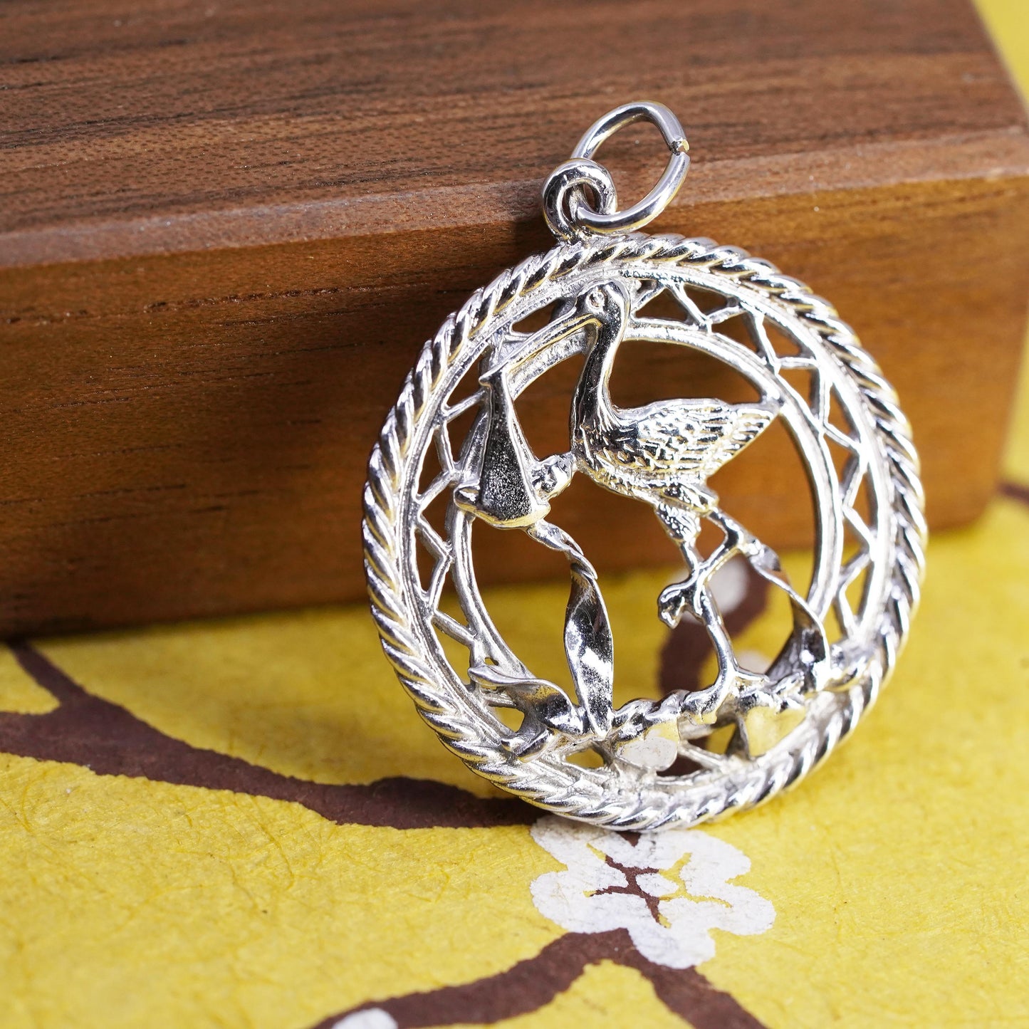 Sterling 925 Silver Stork Charm Pendant, Baby Delivery Bundle New Baby Keepsake