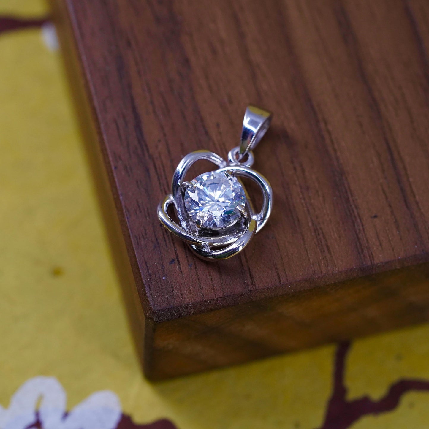 Vintage Sterling silver handmade flower pendant, 925 entwined charm with CZ