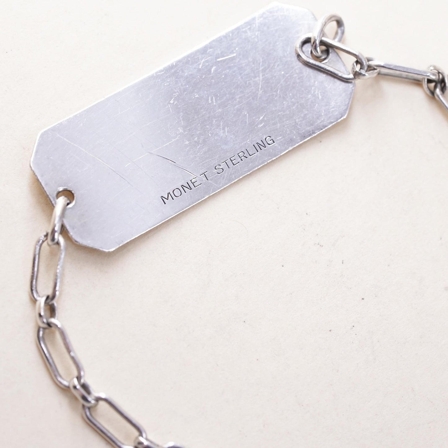 5.5" 3mm, Vintage Monet sterling silver bracelet, 925 elongated chain name tag