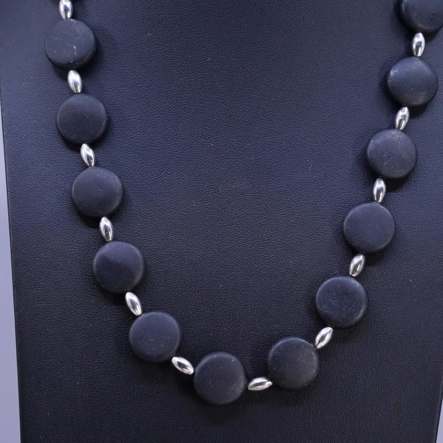 20", Sterling 925 silver necklace 16mm matte black onyx beads toggle closure
